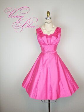 Vintage 1960's Hot Pink Party Dress Rhinestone & Floral Details Ladies Size Smal